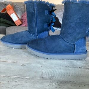 UGG Navy Blue Ribbon-Back Shearling Boots